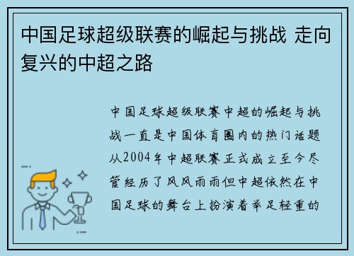 中国足球超级联赛的崛起与挑战 走向复兴的中超之路