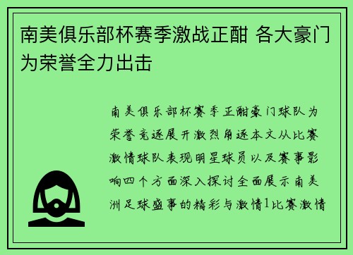 南美俱乐部杯赛季激战正酣 各大豪门为荣誉全力出击